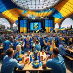DALL·E 2024-02-24 12.01.53 - Create a vibrant and meaningful photo of a beer party organized in support of Ukraine. The scene is set in a large, open space decorated in the colors.webp
